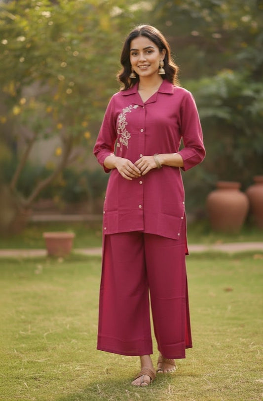 Pink Asymmetric Cotton Flex Co-ord Set | Embroidered Shirt Style Kurta with Pants | Stylish Daily Wear Outfit
