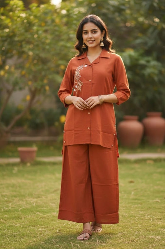 Rust Orange Cotton Flex Two-Piece Set | Asymmetric Embroidered Kurta with Pants | Trendy Western Ethnic Wear