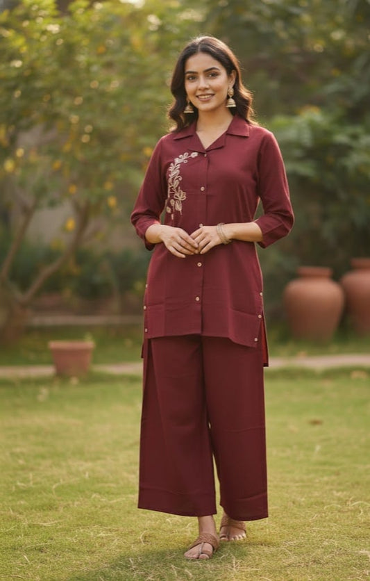 Maroon Asymmetric Cotton Flex Co-ord Set with Embroidery | Designer Button-Down Kurta & Palazzo Pant for Women