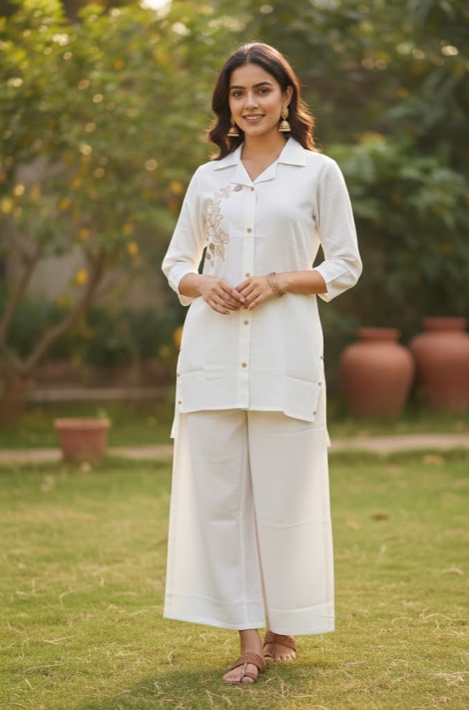 White Embroidered Cotton Flex Co-ord Set | Chic Asymmetric Shirt Kurta with Wide Leg Pants | Summer Casual Wear