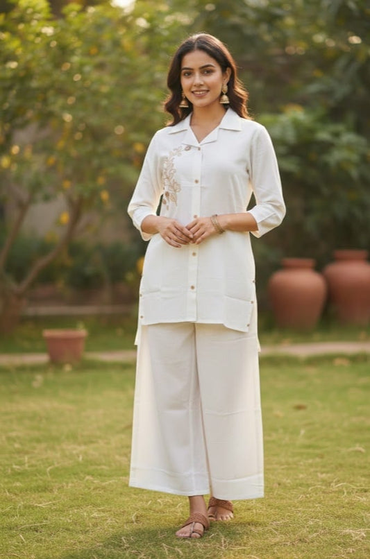 White Embroidered Cotton Flex Co-ord Set | Chic Asymmetric Shirt Kurta with Wide Leg Pants | Summer Casual Wear
