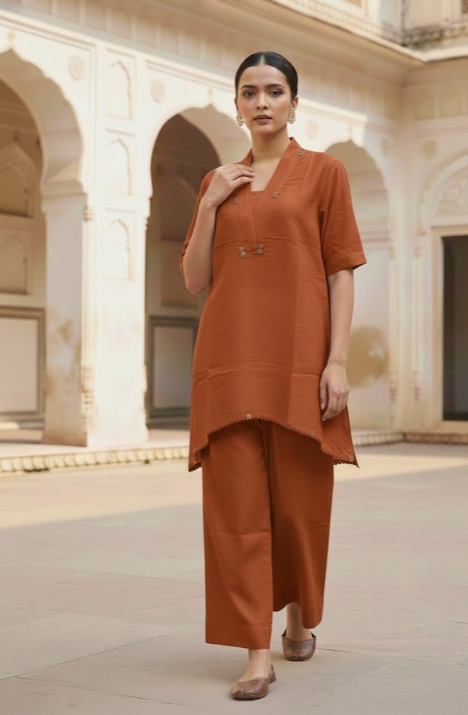 Rust Cotton Flex Asymmetric Cord Set for Women | Trendy Designer Co-Ord Set | Comfortable Daily Wear