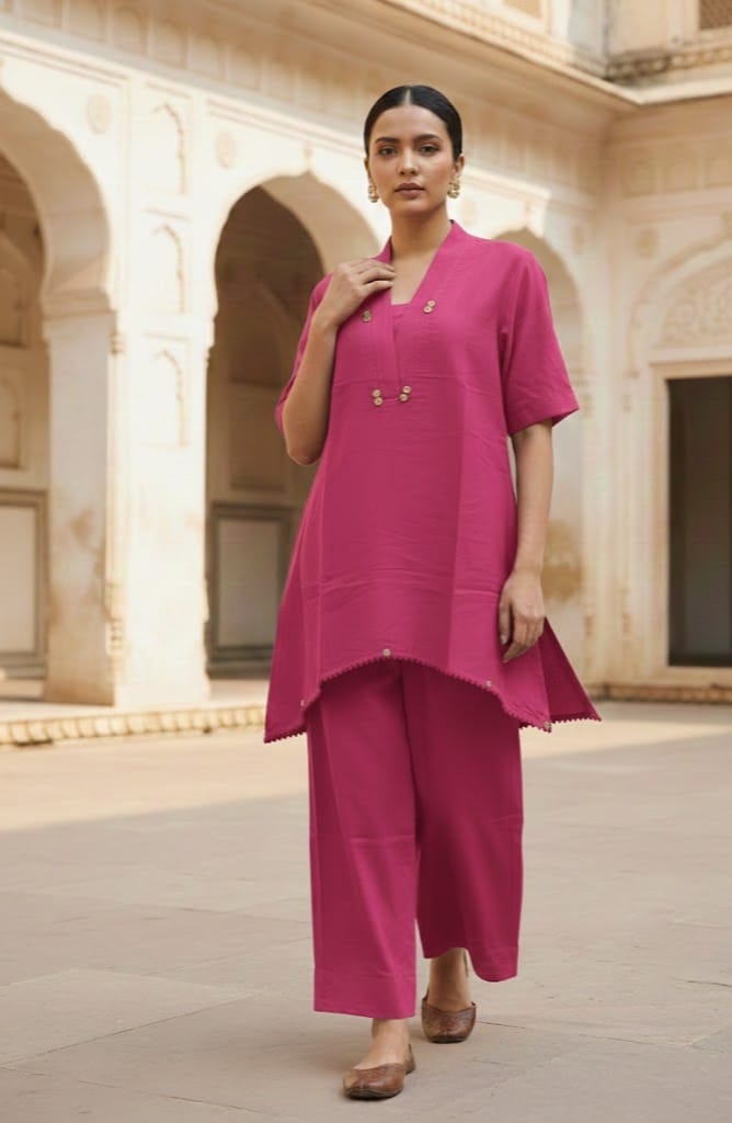 Pink Asymmetric Cotton Flex Cord Set for Women | Premium Designer Co-Ord Set | Stylish Daily & Office Wear