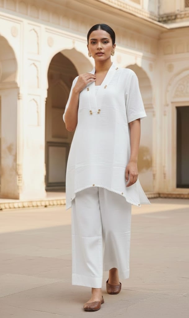 White Cotton Flex Asymmetric Co-Ord Set for Women | Elegant Designer Cord Set | Premium Summer Wear