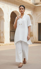 White Cotton Flex Asymmetric Co-Ord Set for Women | Elegant Designer Cord Set | Premium Summer Wear