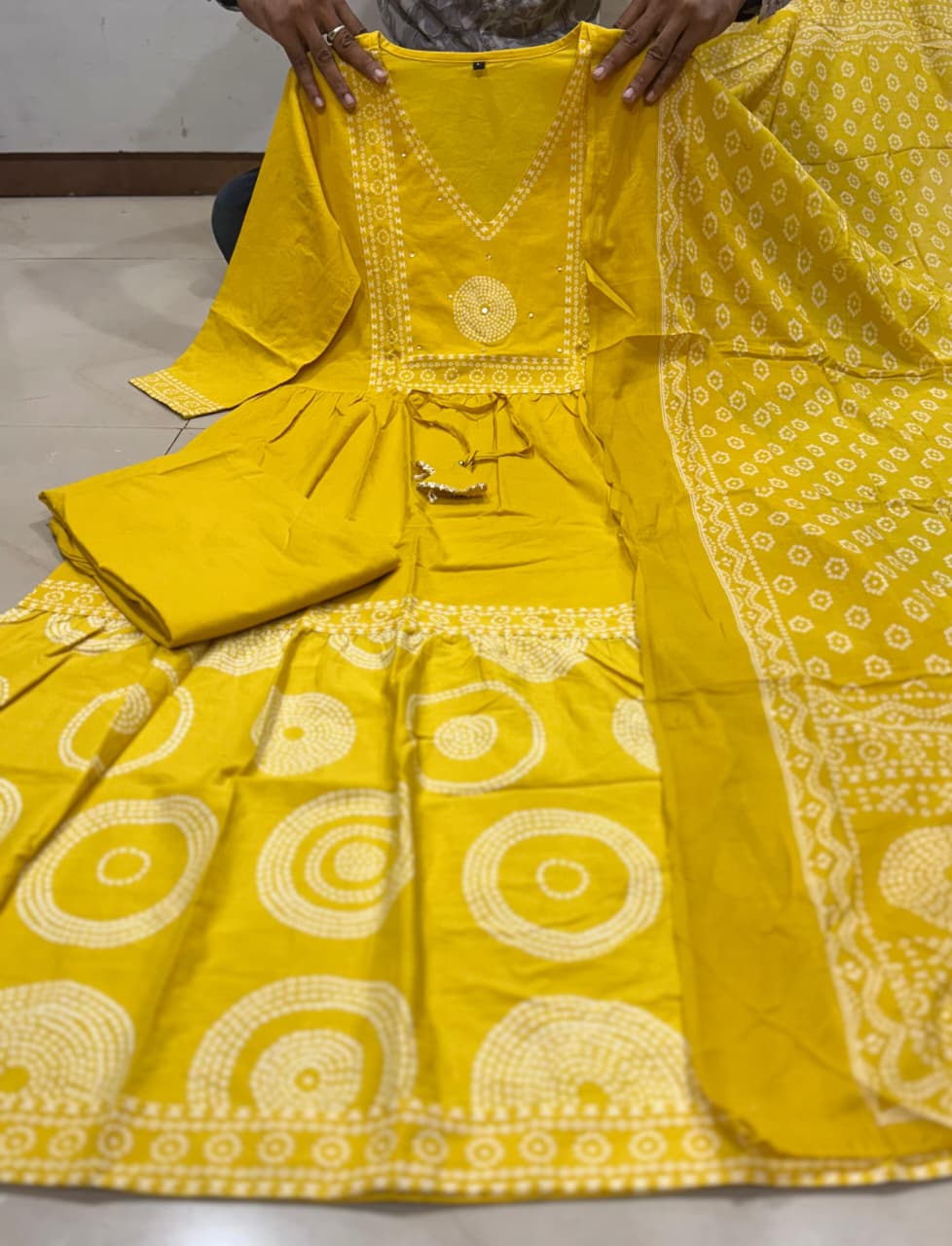 Mustard Yellow Mul Cotton Printed Pant Set with Dupatta – Embroidered Ethnic Anarkali Dress