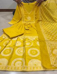 Mustard Yellow Mul Cotton Printed Pant Set with Dupatta – Embroidered Ethnic Anarkali Dress