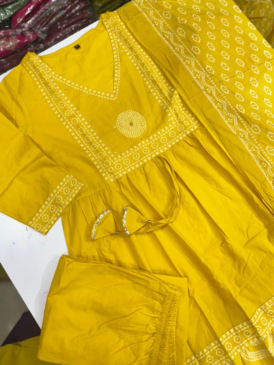 Mustard Yellow Mul Cotton Printed Pant Set with Dupatta – Embroidered Ethnic Anarkali Dress