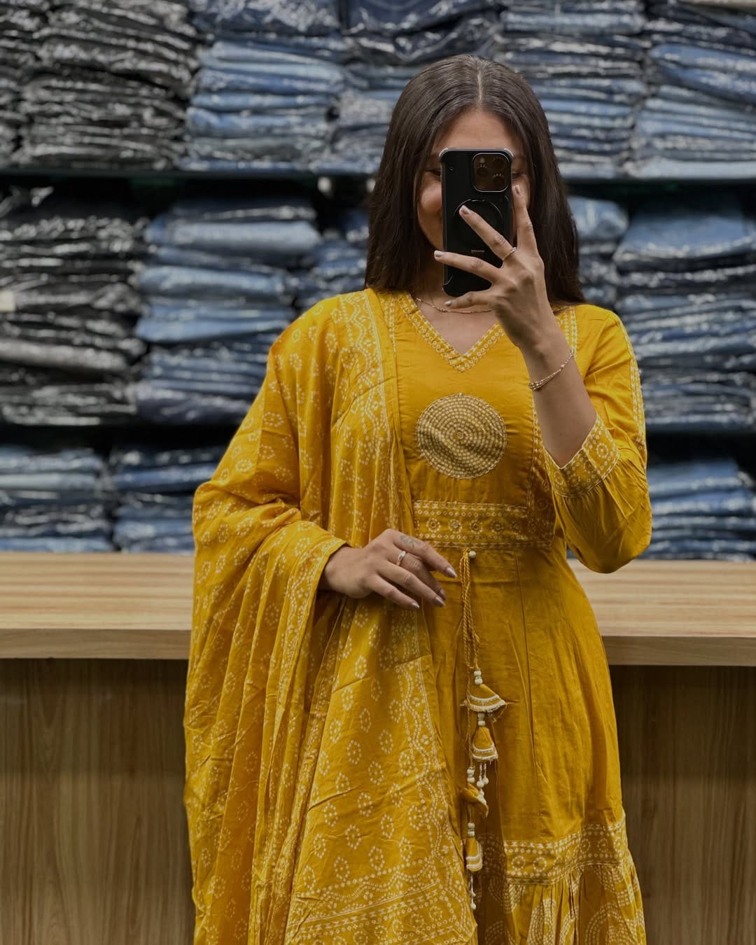 Mustard Yellow Mul Cotton Printed Pant Set with Dupatta – Embroidered Ethnic Anarkali Dress