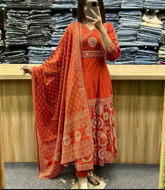 Orange Mul Cotton Ethnic Printed Pant Set with Dupatta – Embroidered Festive Kurti for Women