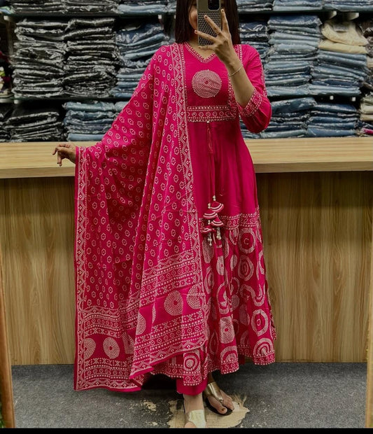 Pink Pure Mul Cotton Embroidered Anarkali Pant Set with Printed Dupatta – Women’s Ethnic Dress