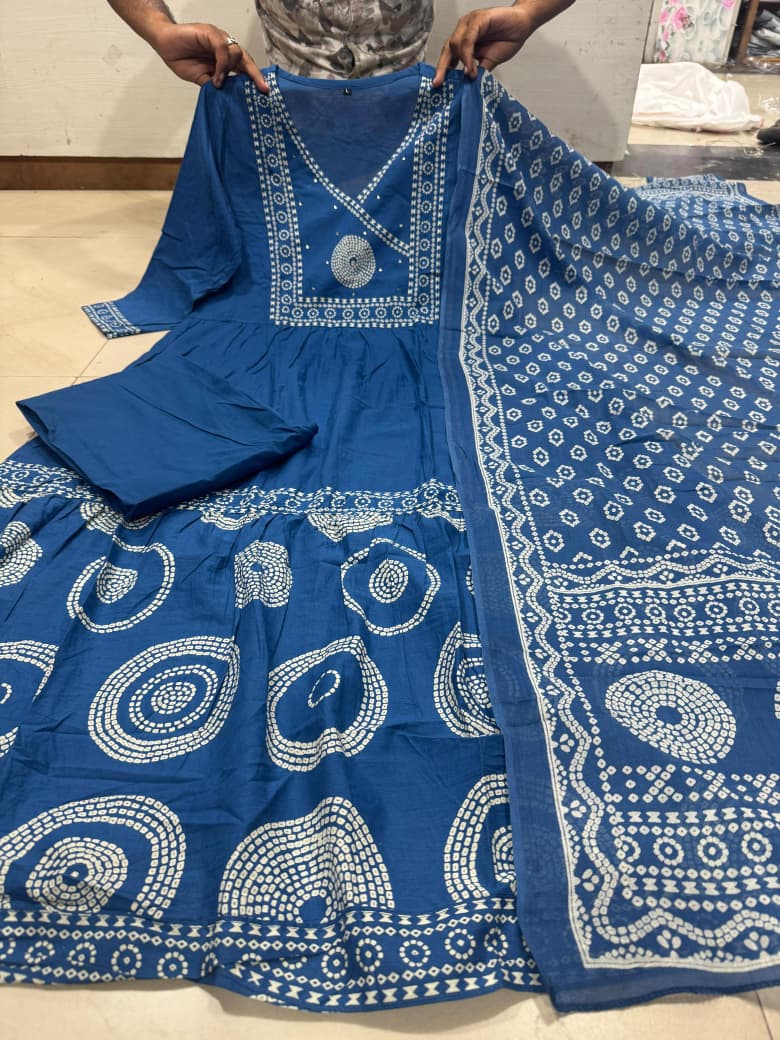 Blue Pure Mul Cotton Printed Anarkali Pant Set with Dupatta – Ethnic SUQENS Work Dress for Women