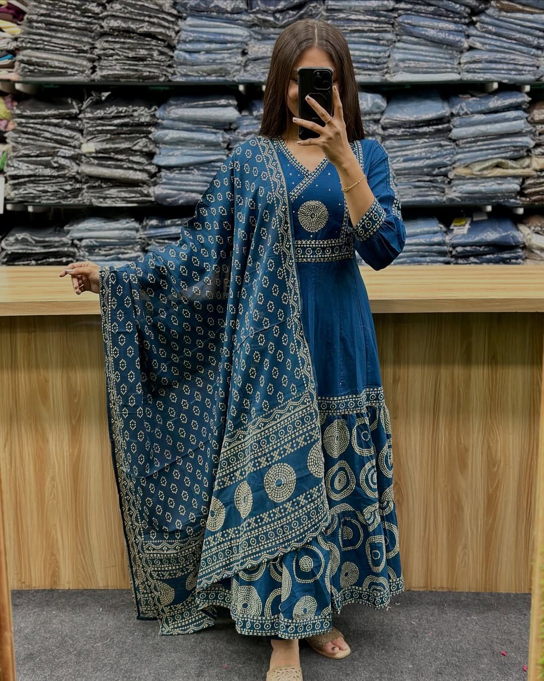 Blue Pure Mul Cotton Printed Anarkali Pant Set with Dupatta – Ethnic SUQENS Work Dress for Women