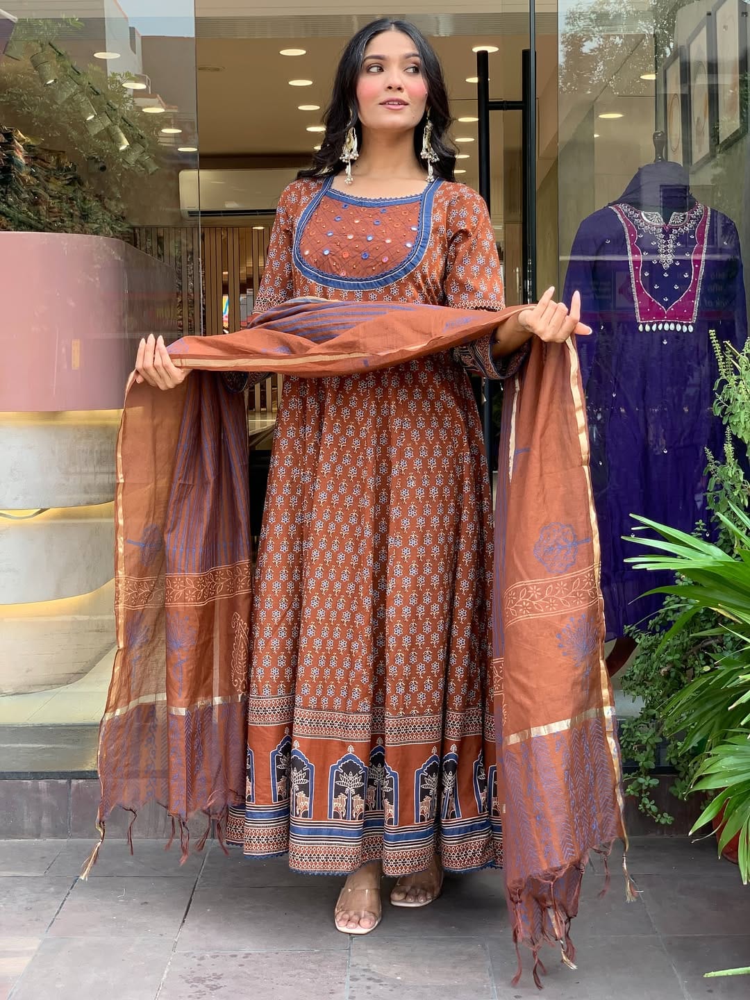 Brown Cotton 60×60 Anarkali Suit Set with Original Mirror Handwork & Embroidered Dupatta – Partywear Kurti Pant Set for Women