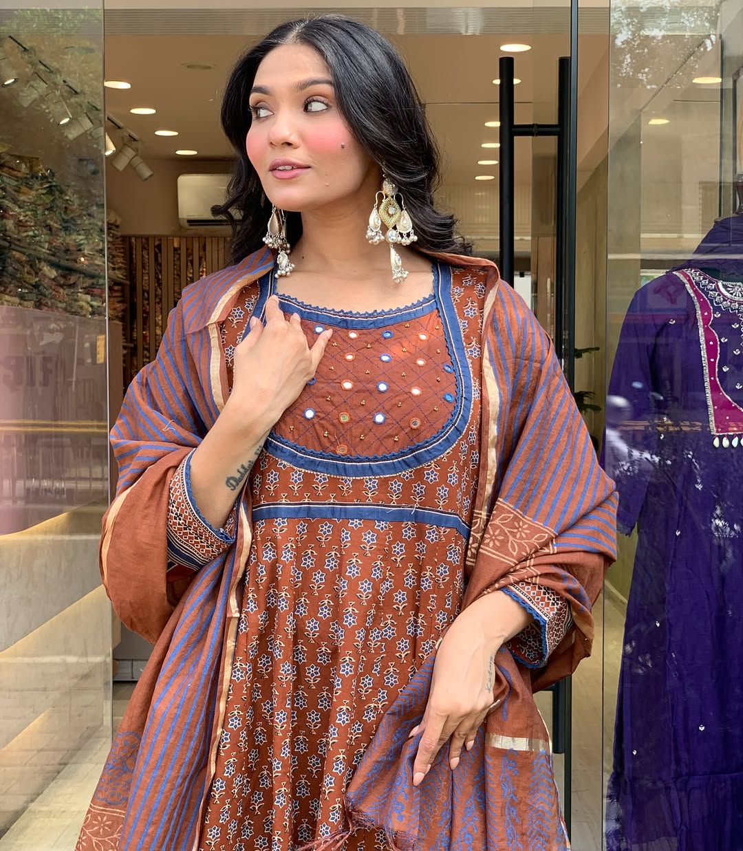 Brown Cotton 60×60 Anarkali Suit Set with Original Mirror Handwork & Embroidered Dupatta – Partywear Kurti Pant Set for Women