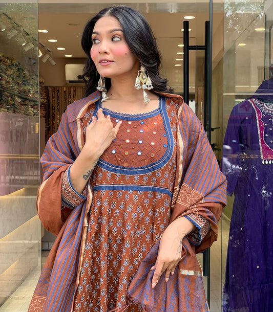 Brown Cotton 60×60 Anarkali Suit Set with Original Mirror Handwork & Embroidered Dupatta – Partywear Kurti Pant Set for Women