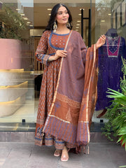 Brown Cotton 60×60 Anarkali Suit Set with Original Mirror Handwork & Embroidered Dupatta – Partywear Kurti Pant Set for Women