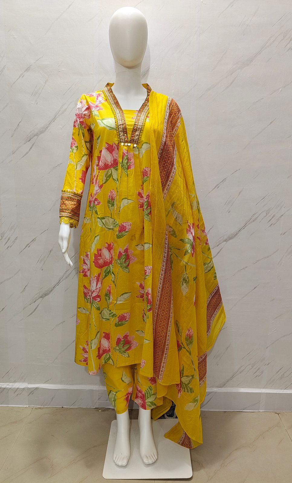 Yellow Floral Lotus Print Alia Cut Cotton Suit Set with Sequins Work | Kurti Pant Dupatta | Premium 60×60 Cotton