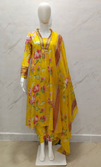 Yellow Floral Lotus Print Alia Cut Cotton Suit Set with Sequins Work | Kurti Pant Dupatta | Premium 60×60 Cotton