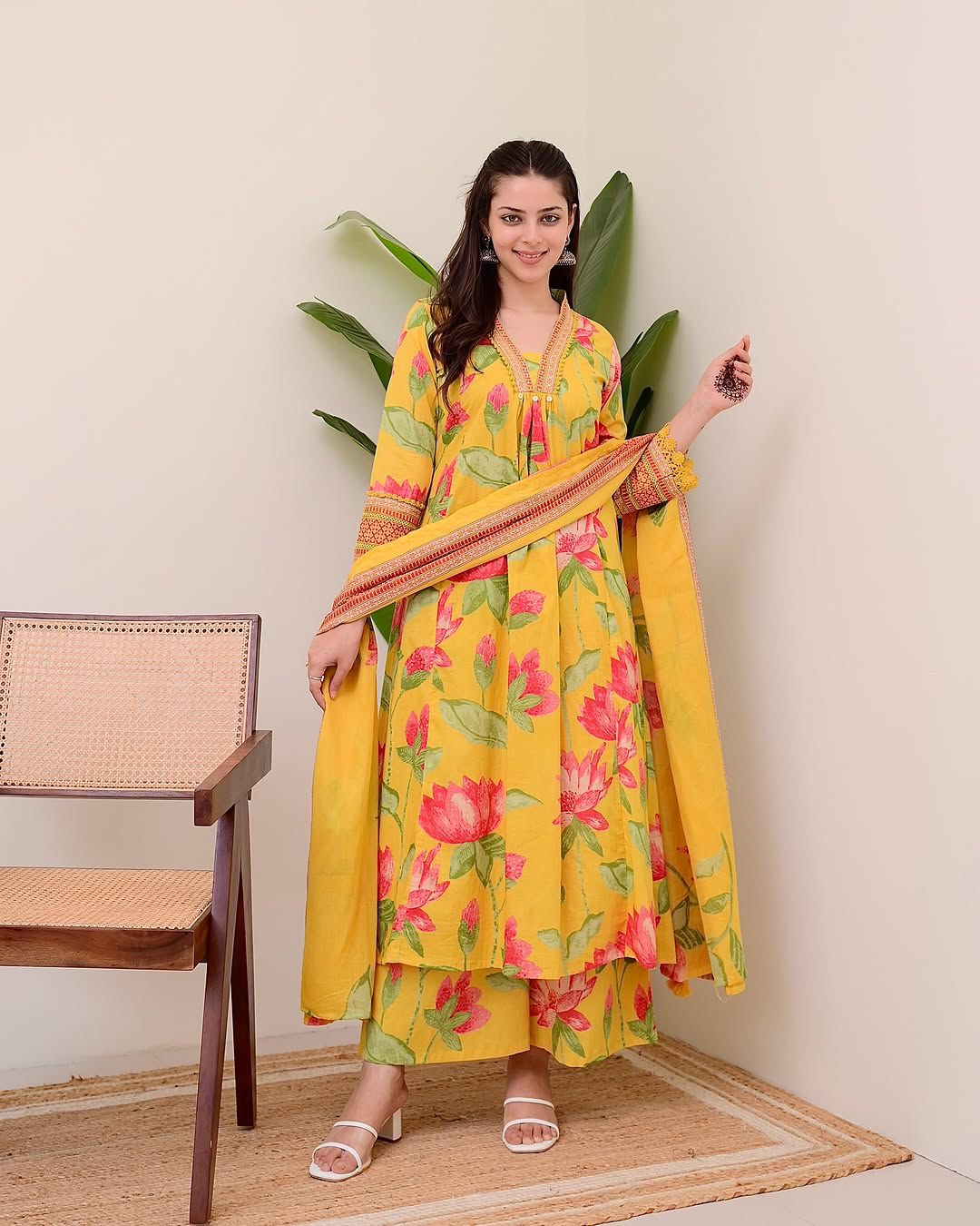 Yellow Floral Lotus Print Alia Cut Cotton Suit Set with Sequins Work | Kurti Pant Dupatta | Premium 60×60 Cotton