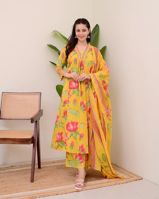 Yellow Floral Lotus Print Alia Cut Cotton Suit Set with Sequins Work | Kurti Pant Dupatta | Premium 60×60 Cotton