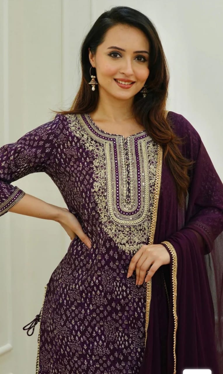 Beautiful Plum Purple Embroidery Dupatta Set