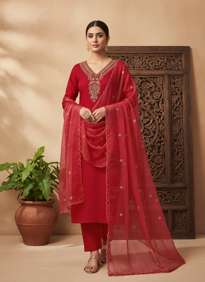 Maroon Roman Silk Embroidered Kurti Pant Dupatta Set