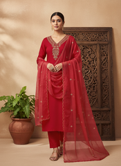 Maroon Roman Silk Embroidered Kurti Pant Dupatta Set
