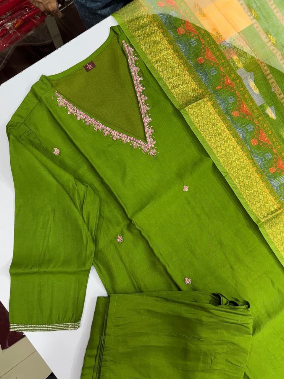 Olive Green Chandri Silk Kurti Pant Dupatta Set