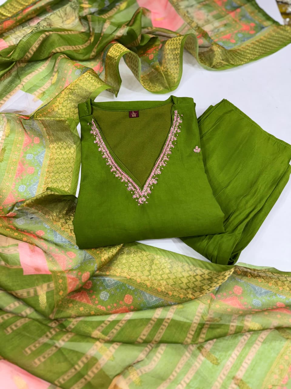 Olive Green Chandri Silk Kurti Pant Dupatta Set
