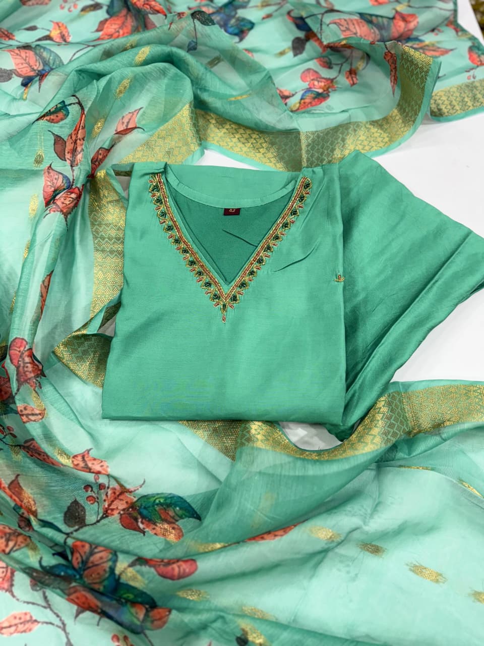 Mint Green Chandri Silk Embroidered Kurti Pant Dupatta Set