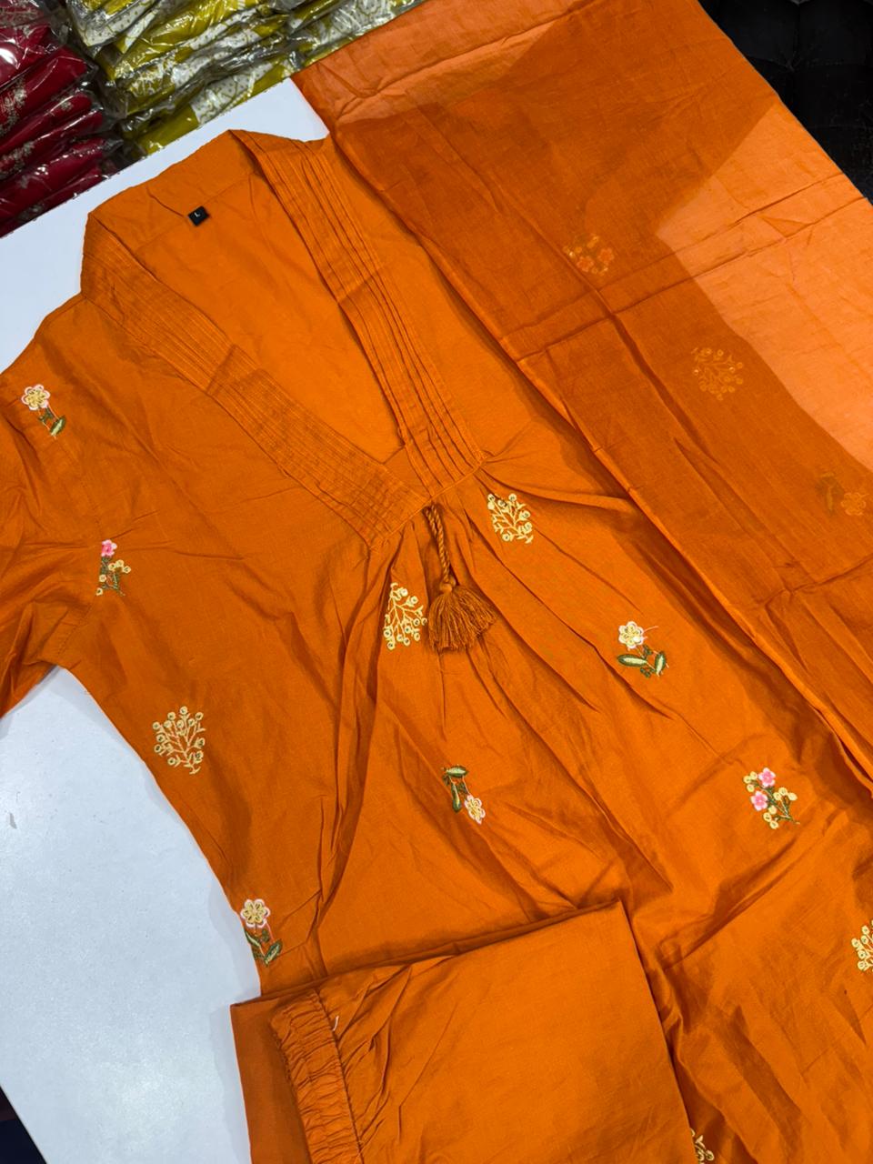 Orange Cotton Anarkali Suit with Hand Embroidery