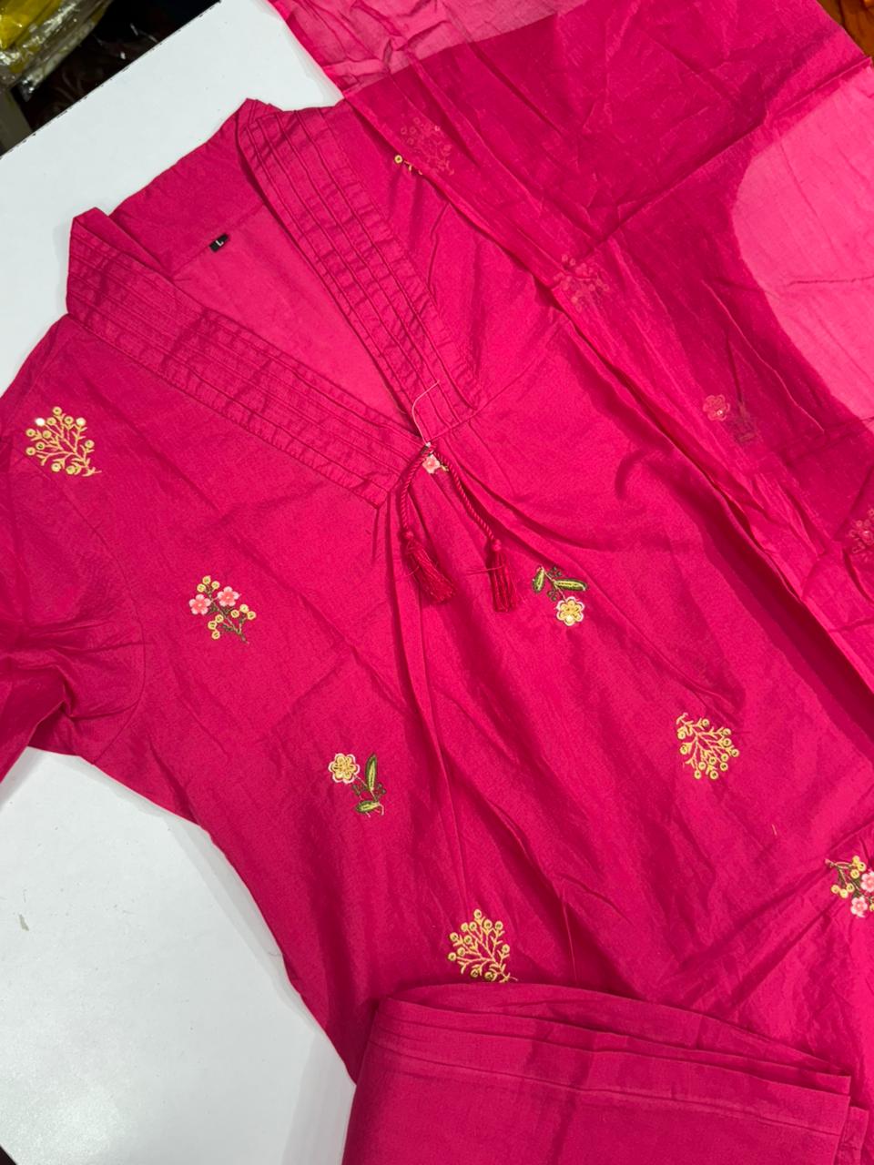 Rani Pink Cotton Anarkali Suit with Hand Embroidery