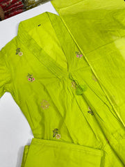 Lime Green Cotton Anarkali Suit with Hand Embroidery