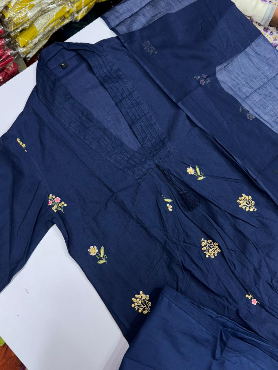 Dark blue Cotton Anarkali Suit with Hand Embroidery