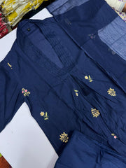 Dark blue Cotton Anarkali Suit with Hand Embroidery