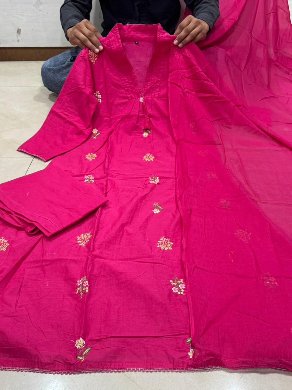 Rani Pink Cotton Anarkali Suit with Hand Embroidery