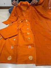 Orange Cotton Anarkali Suit with Hand Embroidery
