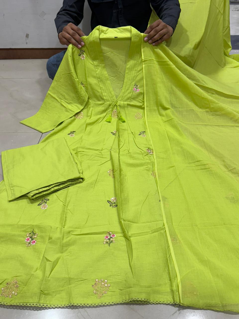 Lime Green Cotton Anarkali Suit with Hand Embroidery