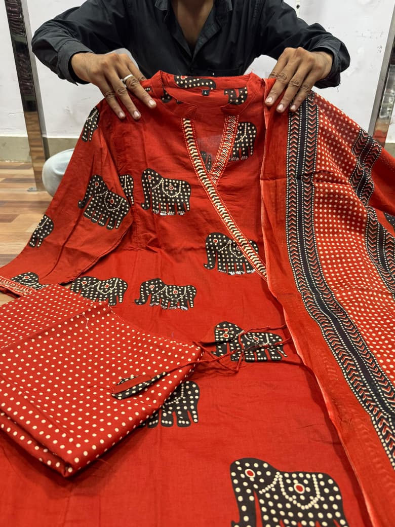 Rust Cotton Elephant Print Kurta Pant Dupatta Set – Handwork Ethnic Suit for Women | 60×60 Pure Cotton