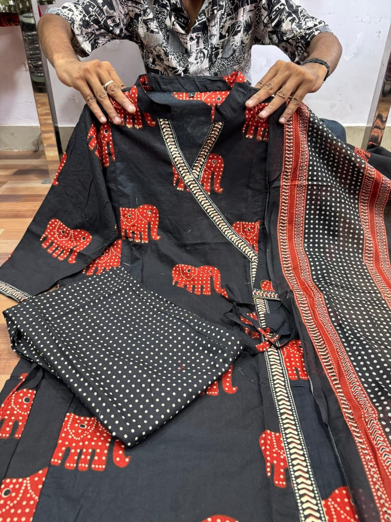Black Cotton Elephant Print Kurta Pant Dupatta Set – Handwork Suit for Women | 60×60 Pure Cotton