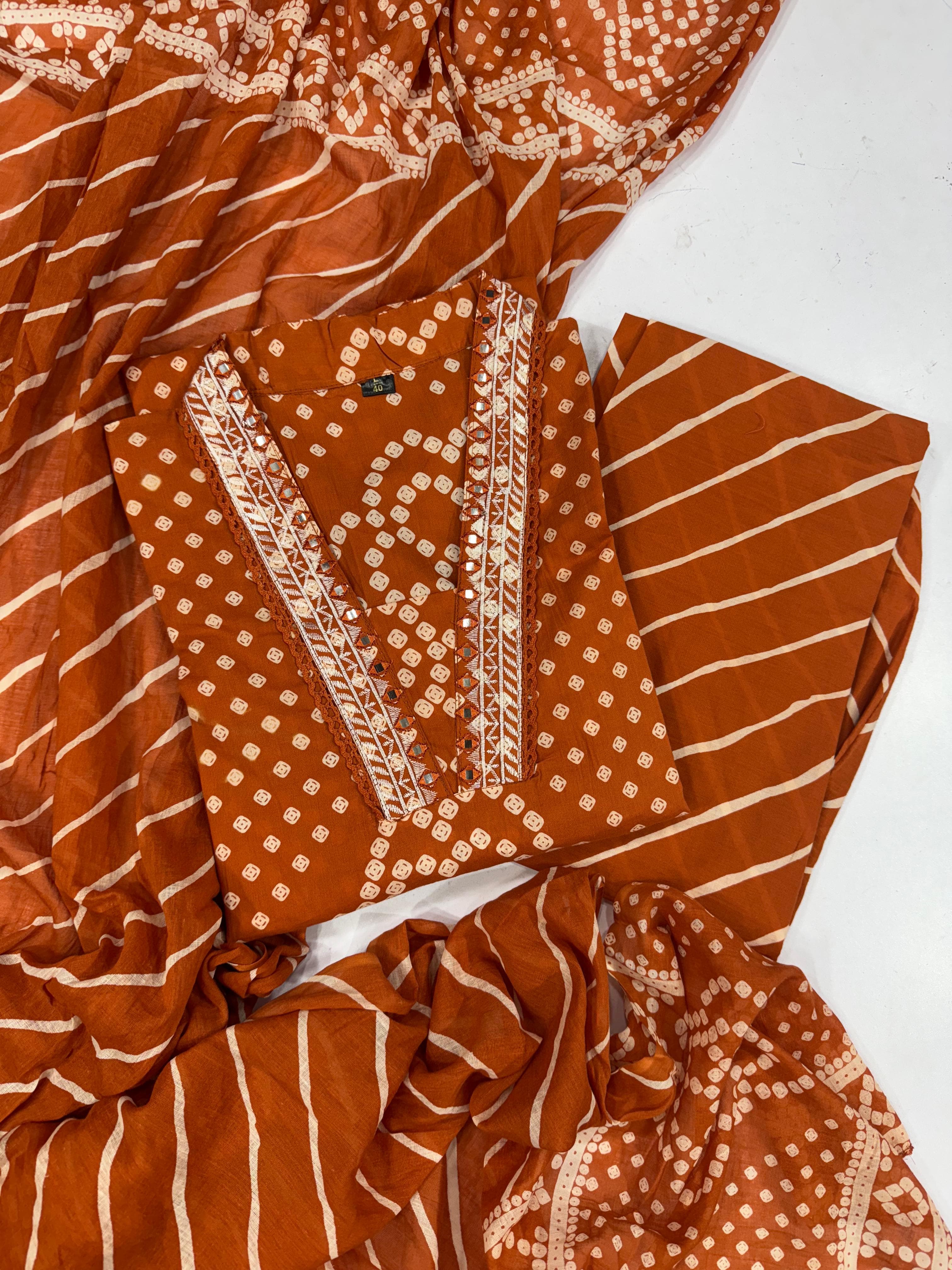 Rust Orange Bandhej Cotton Salwar Kameez with Leheriya Bottoms | Festive Cotton Suit Set with Embroidery