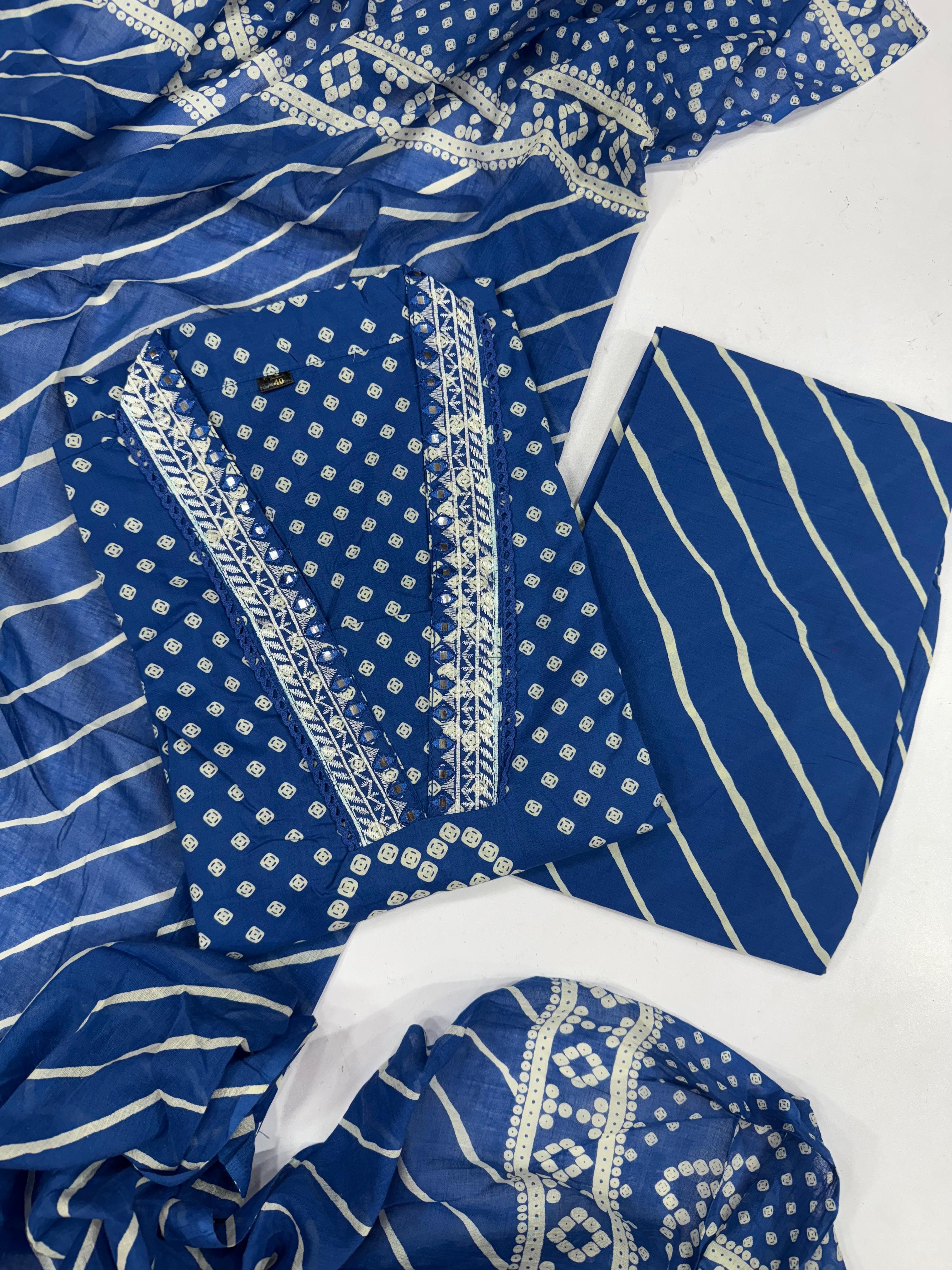 Indigo Blue Bandhani Print Pure Cotton Suit Set with Leheriya Pants | Embroidered Neck Jaipuri Kurta Set for Women