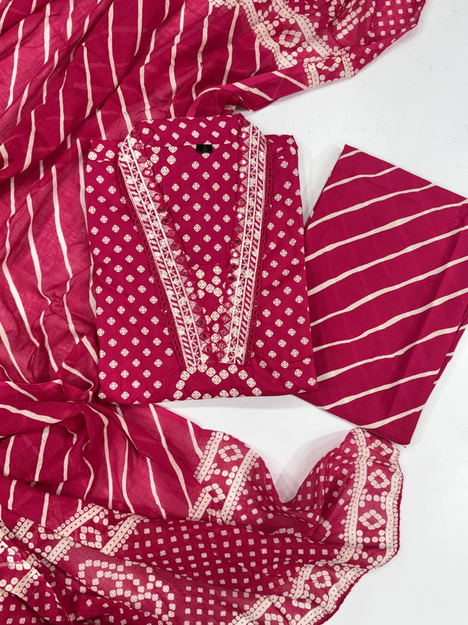 Rani Pink Bandhani Print Cotton Suit with Leheriya Pants | Hot Pink Embroidered Kurta Set for Women