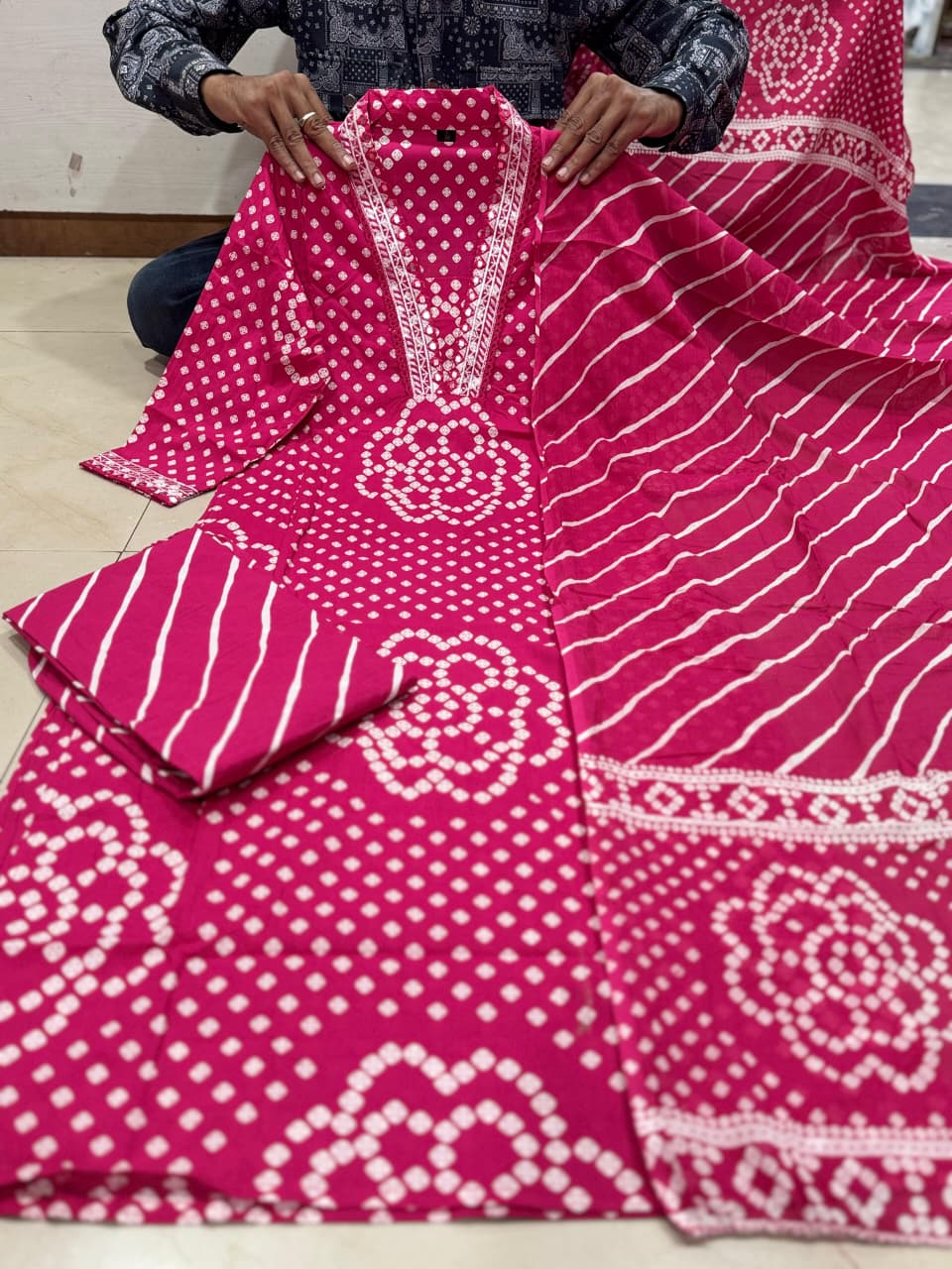 Rani Pink Bandhani Print Cotton Suit with Leheriya Pants | Hot Pink Embroidered Kurta Set for Women