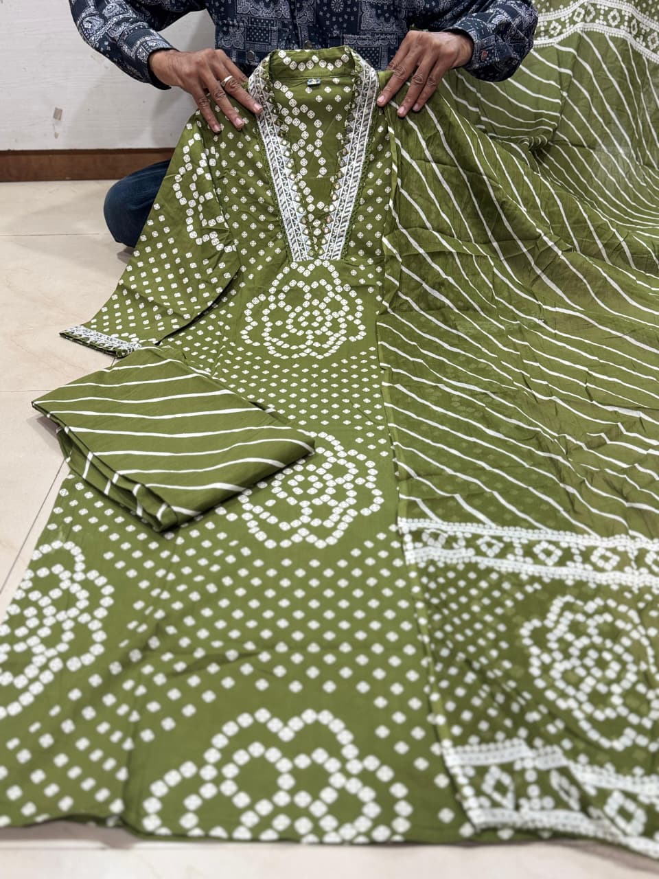 Vibrant Parrot Green Bandhani Cotton Kurta Set with Embroidered Yoke & Leheriya Pants | Summer Ethnic Wear