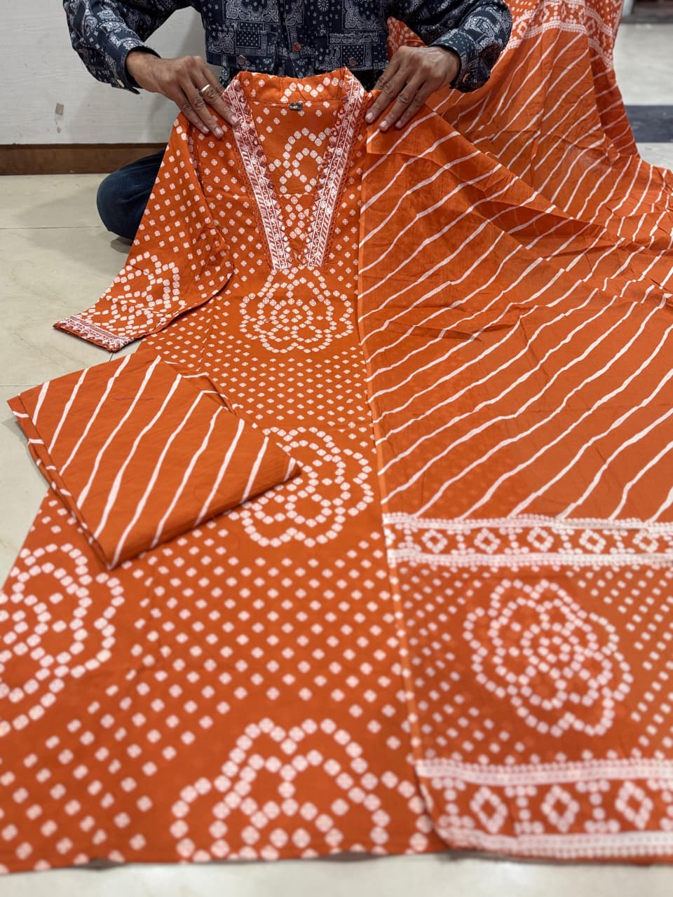 Rust Orange Bandhej Cotton Salwar Kameez with Leheriya Bottoms | Festive Cotton Suit Set with Embroidery