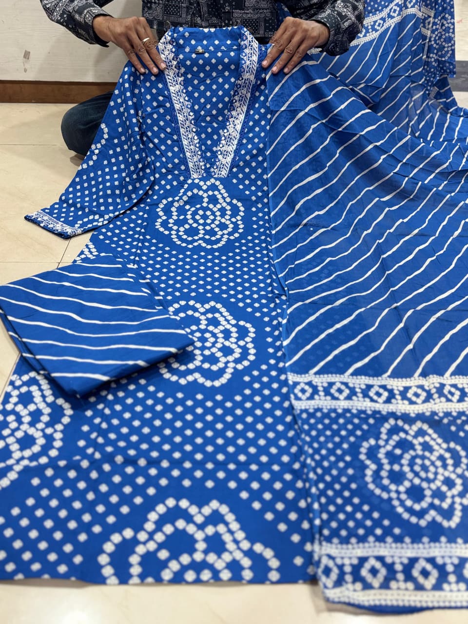 Indigo Blue Bandhani Print Pure Cotton Suit Set with Leheriya Pants | Embroidered Neck Jaipuri Kurta Set for Women