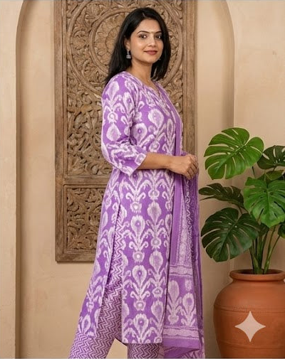 Premium Purple Ikat Printed Cotton Suit Set with Dupatta & Pant | Handwork Kurta | Sizes up to 3XL