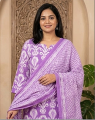 Premium Purple Ikat Printed Cotton Suit Set with Dupatta & Pant | Handwork Kurta | Sizes up to 3XL